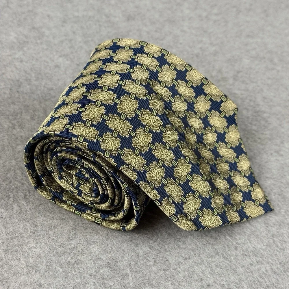 Vintage Garrick Anderson Silk Tie Blue Geometric Gold USA Necktie 58 X 4.25
